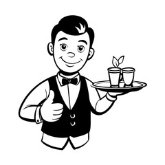 Cartoon Waiter Coloring Page – Smiling Server Holding Tray with Coffee, Black and White Printable for Kids and Restaurant-Themed Activities