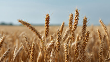 Fototapeta premium Golden wheat field represents a rich harvest under clear skies in a serene agricultural landscape
