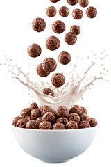 Chocolate Cereal with Milk Splash in White Bowl on Transparent Background