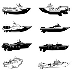 A professional graphic set of futuristic boats, presented in both clean line art and bold silhouette vector formats