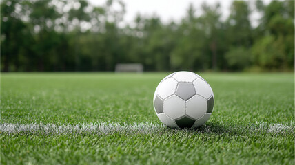 Minimalist view of an empty soccer field with a close-up of a ball on the line during daylight