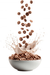 Chocolate Cereal with Milk Splash in White Bowl on Transparent Background