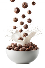 Chocolate Cereal with Milk Splash in White Bowl on Transparent Background