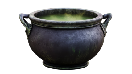 Toxic witch cauldron with bubbling green potion on white background