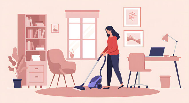 Illustration of a woman vacuuming the carpet in a cozy and modern living room that also serves as a home office, featuring a bookshelf, desk with a laptop, and stylish decor.
