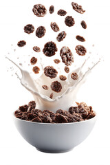 Chocolate Cereal with Milk Splash in White Bowl on Transparent Background