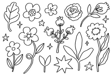  black and white line art illustration of various hand drawn flowers, leaves, and stars, perfect for spring designs, coloring pages, stationery, and creative DIY