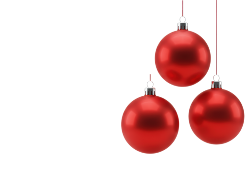 Three bright red matte Christmas baubles with reflective silver caps, suspended at varying heights by thin strings on a clean transparent background with copy space, festive Christmas holiday