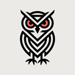 Modern Geometric Owl Logo Design with Bold Lines, Minimalist Style and Red Eyes — Abstract Wildlife Icon for Branding or Illustration Use.