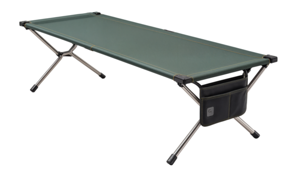 Steel-framed folding cot with a built-in side pocket for storing personal items during camping trips