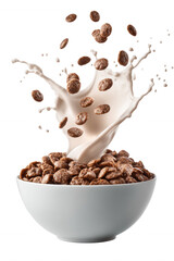 Chocolate Cereal with Milk Splash in White Bowl on Transparent Background