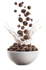 Chocolate Cereal with Milk Splash in White Bowl on Transparent Background