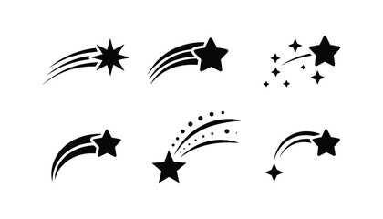 Collection of Shooting Star Icons in Black Silhouette Style Falling Stars, Cosmic Elements, and Meteor Symbols for Dream, Fantasy, or Celestial Design Use.