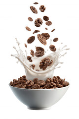 Chocolate Cereal with Milk Splash in White Bowl on Transparent Background