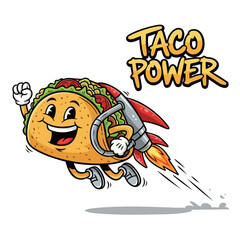 Funny Cartoon Taco with Rocket Booster Flying with Taco Power Text Illustration