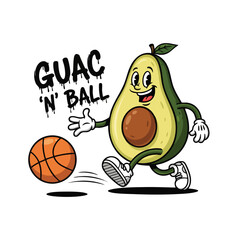 Cartoon Playful Avocado Playing Basketball Sport Character Mascot Illustration