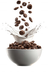 Chocolate Cereal with Milk Splash in White Bowl on Transparent Background