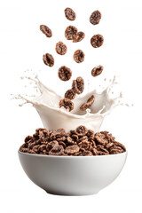 Chocolate Cereal with Milk Splash in White Bowl on Transparent Background