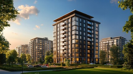 Modern apartment complex at sunset