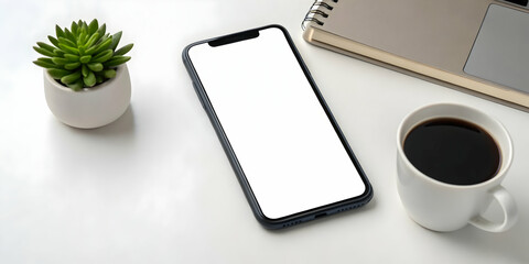 Modern smartphone on desk with plant and coffee