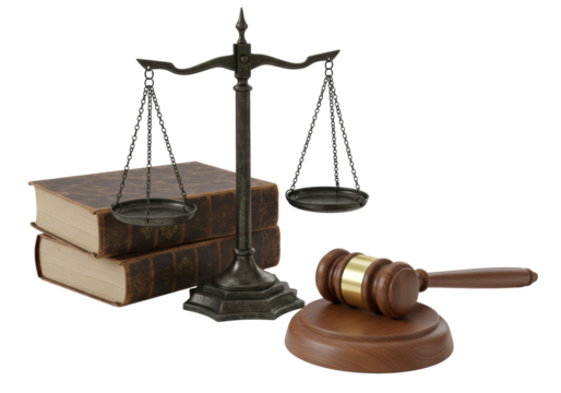 An upright vintage scales of justice, balanced, ornate dark metal, alongside a wooden judge's gavel and stacked antique law books, on a clean white background with no shadows. Concept of legal