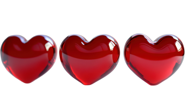 Three glossy red heart shapes on smooth reflective surface on white background