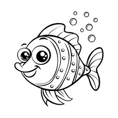 Cute Fish Coloring Page – Happy Cartoon Fish with Bubbles, Fun Printable Sea Animal for Kids, Ocean Life Coloring Sheet