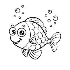 Obraz premium Cute Fish Coloring Page – Happy Cartoon Fish with Bubbles, Fun Printable Sea Animal for Kids, Ocean Life Coloring Sheet