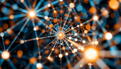 Dazzling network illustration showcases data connections with nodes and vibrant light rays creating a sense of modern technology.