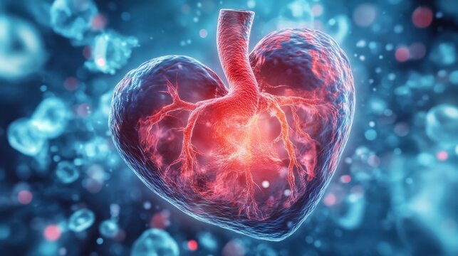 This stunning heart structure illustration merges vibrant colors with organic elements, showcasing the beauty of human anatomy in a dynamic and scientific manner.