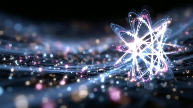 High-tech style illustration of atom with neon-glowing orbitals in motion, energy particles emit radiant light trails in a digital void, concept of fundamental science and physics.