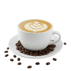 White ceramic coffee cup with creamy frothy cappuccino and intricate rosetta latte art, on saucer with scattered dark roasted beans, transparent background, high-angle studio shot, concept of