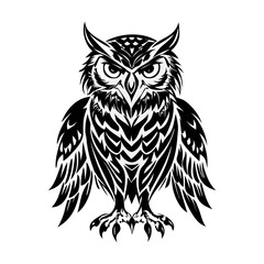 Detailed Owl Tattoo Vector &ndash; Tribal Style Black and White Bird Illustration for T-Shirts, Stickers, Wall Art, Decals, Ink Designs & Graphic Projects

