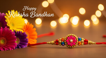 Colorful rakhi with vibrant floral design and festive lights with fresh flowers for Raksha Bandhan celebration showing bond of love between brother and sister,