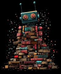 Colorful 3D Stack of Books and Laptops for Education and Learning in a Modern Library Setting