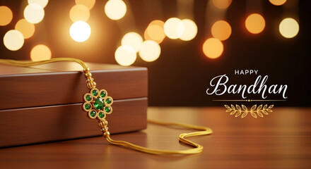 Golden rakhi with green stones on wooden gift box with glowing festive lights background for Indian Raksha Bandhan celebration of brother sister bonding