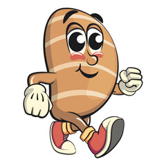 cute salted butter roll mascot cartoon vector illustration walking, bakery bread character with happy face and red shoes isolated on transparant backnground, work of hand drawn