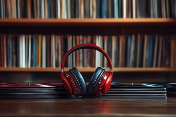 Red Headphones Resting on Vintage Records Collection