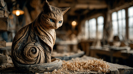 Charming handcrafted wooden feline sculpture showcasing an adorable cat sitting with serene elegance perfect for art enthusiasts and unique home decor collectors