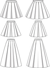 Women's pleated skirts – vector flat fashion sketches showing various lengths, box pleats, knife pleats, and A-line silhouettes.