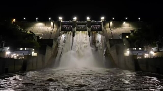 Nighttime view of a dam with water cascading down, illuminated by lights, showcasing power generation