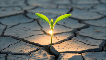 Glowing plant sprout from cracked earth at dusk