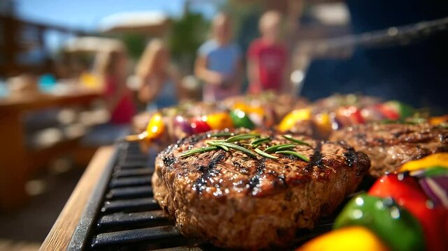 Lively family barbecue in sunny garden, wooden table stacked with freshly grilled steaks, peppers, onions on skewers, smoke curling from hot grill, children and adults enjoying war