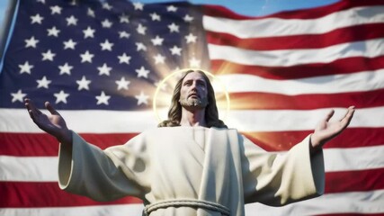 Divine Jesus Christ Figure with Halo and American Flag Background for Patriotic Religious Content and Spiritual Americana Productions