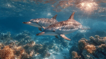 Fototapeta premium A magnificent ocean dweller gracefully navigates the deep blue showcasing incredible swiftness and aquatic agility in its natural habitat a breathtaking sight