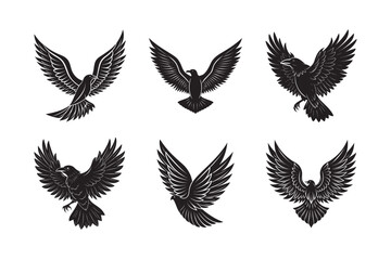 silhouette pigeon ,eagles, others birds bundle  wing shape on the white background 