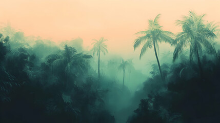 Serene sunrise over lush tropical jungle with towering palm trees
