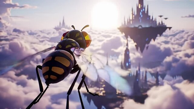 Large stylized insect with translucent wings flying over a fantasy city in the clouds