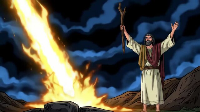 Elijah Calling Down Fire from Heaven Sent by God, Igniting the Stone Altar Before Him, Cartoon Animation, Biblical Old Testament Depiction