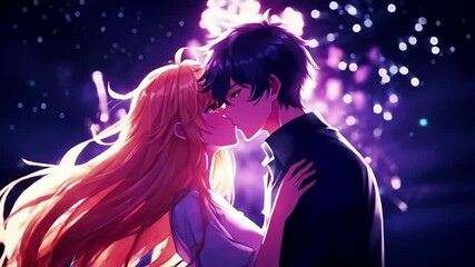 Kissing anime couple with bright fireworks background in a close, romantic embrace - Powered by Adobe